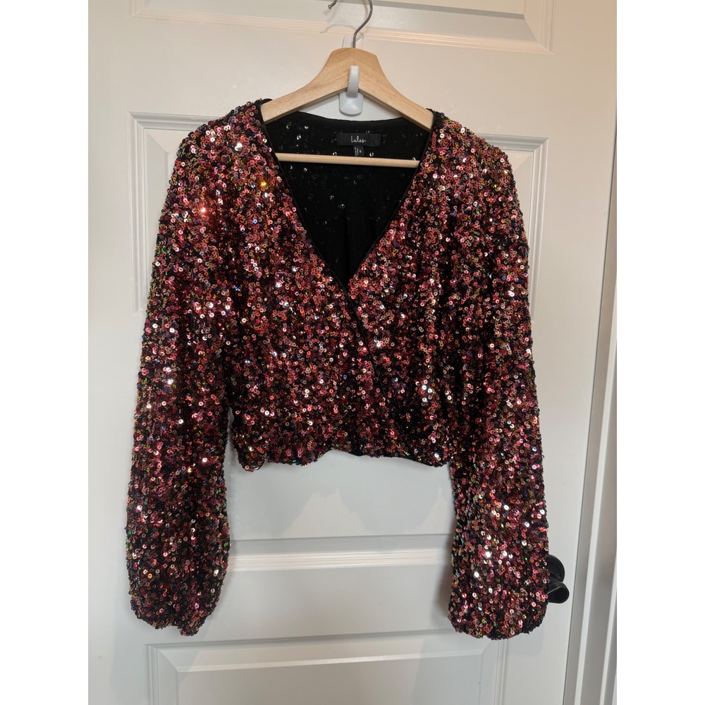 Lulus Multi Color Rose Gold Sequin Long Sleeve V-Neck Crop Top Small